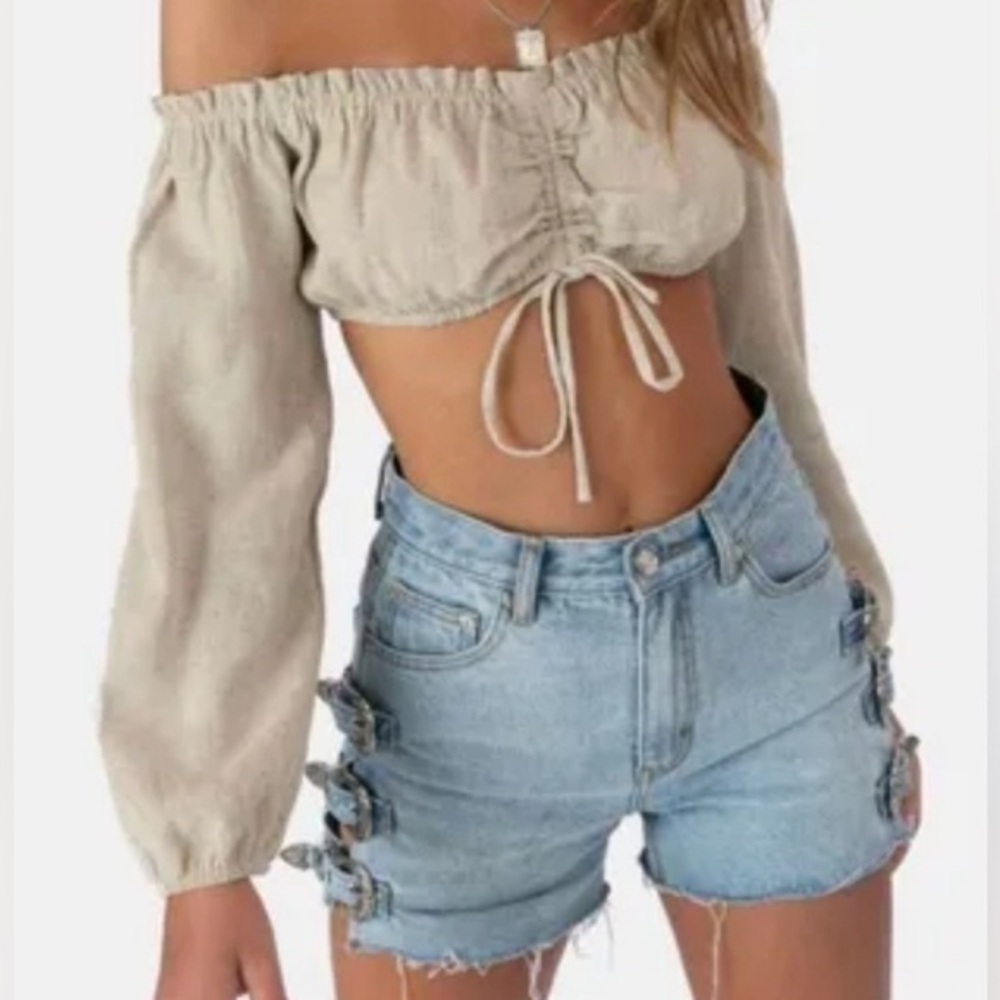 Adika Long Sleeve Blouse Crop Top tie front ruched off shoulder fits size XS S